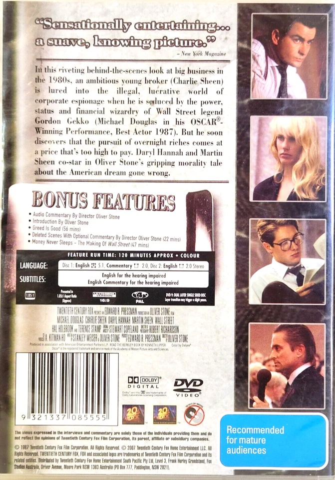 WALL STREET - Michael Douglas, Charlie Sheen, Tamara Tunie - 2 DVDs - image 2 of 2
