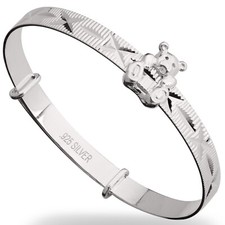 Sterling Silver Teddy Bear Baby Shower Bracelet Bangle Diamond cut Baptism gift