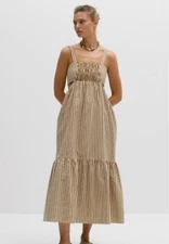 Shona Joy Hele Dress Size AU/UK 12 US 8 Midi White/Brown Stripes Summer Casual