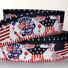 GROSGRAIN RIBBON 5/8", 7/8",1.5", 3" Happy 4th of July Stars & Stripes Printed
