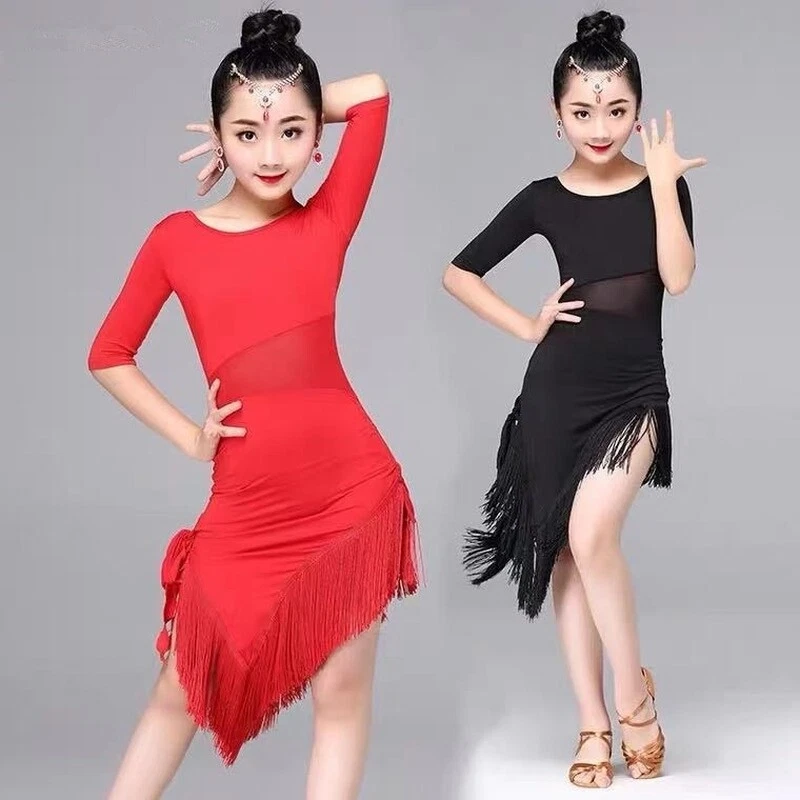Kids Girls Latin Dance Dress Salsa Performance Ballroom Tango Dancewear Tassel - Image 3 of 4