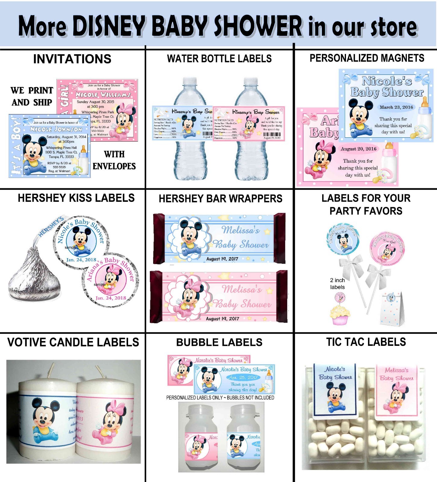 20 MICKEY MINNIE MOUSE BABY SHOWER FAVORS WATER BOTTLE LABELS PARTY FAVORS