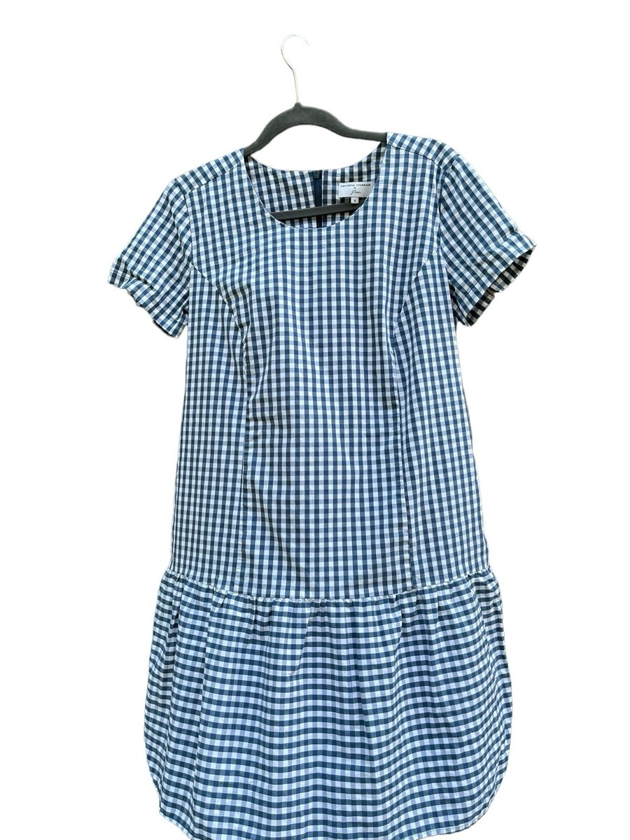 Universal Standard x J Crew Blue Poplin Gingham Drop Waist Dress, Size Small