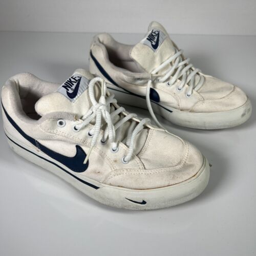 Vintage Nike 305685-142 White Canvas Navy Blue Swoosh Logo Shoes Youth 5.5 - Picture 1 of 13
