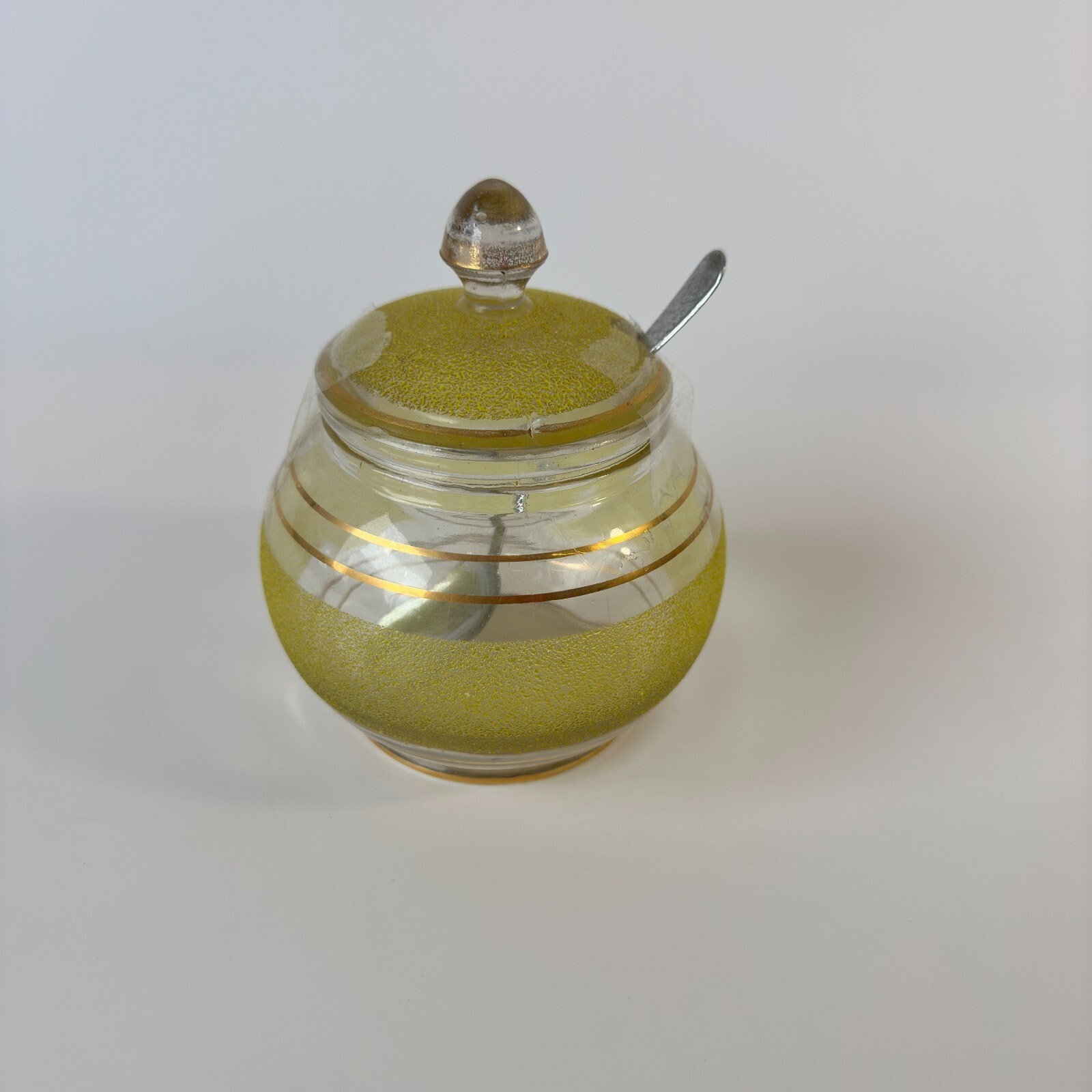 Vintage 1950's Yellow Sugar Frosted And Gold Gilt Banding Sugar Bowl With Lid image 2