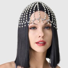 Women Head Dress Rhinestone Pearl Tassel Luxury Jewelry Metal Hair Chain 12681