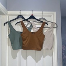 3 Shein Ribbed V Neck Stretchy Basic Crop Tops Orange Sage Green Beige Med UK 10