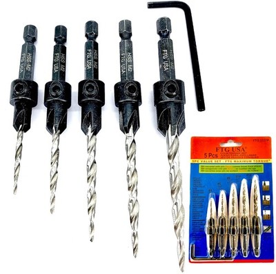 FTG USA Countersink Drill Bit Set 5 Pc #4#6#8#10#12 Tapered Drill Bit for Woodwo