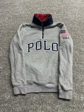 Polo Ralph Lauren Grey Gray Fleece USA Flag Pockets 1/4 Zip Boys Medium M 10-12