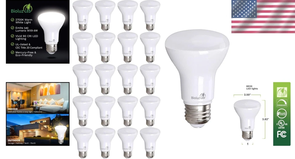 Dimmable 20-Pack BR20 LED Light Bulbs, 540 Lumens, Energy Saving Warm Glow - Image 2 of 4