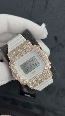Custom Moissanite G-Shock DW-5600 Watch Rose Bezel White Face