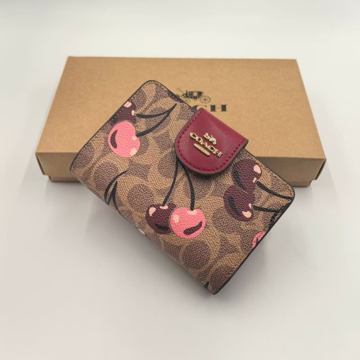 COACH Medium Corner Zip Wallet Signature Canvas Cherry Print CZ342