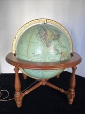 Vintage Replogle 12" Diameter True-To-Life Light Up Globe Wooden Stand Tabletop