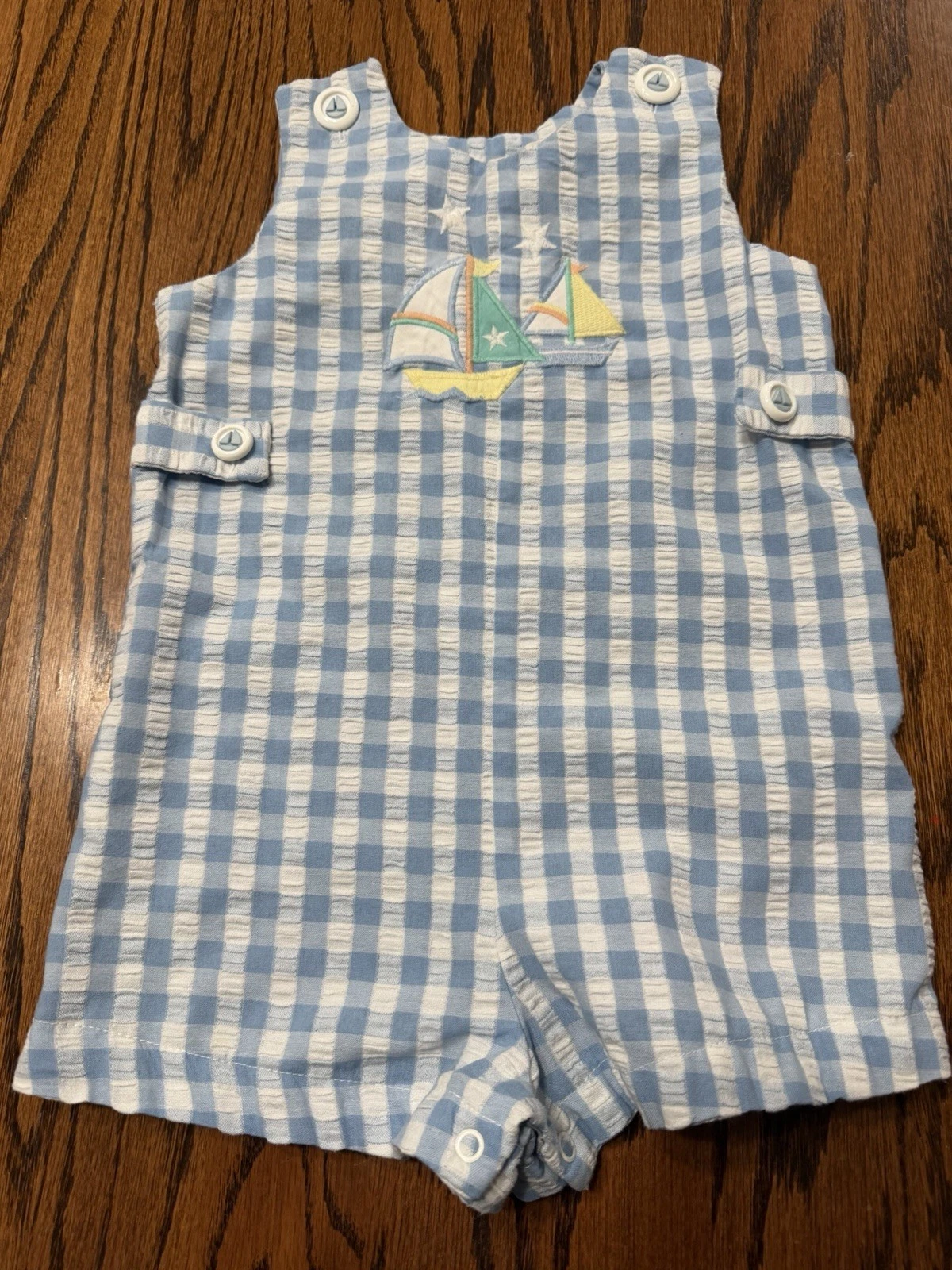 P.A. Kids Blue White Check Embroidered Sailboat Sleeveless Shortall 24m Snaps