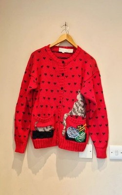 Vintage Adlerauge Katze & Maus Neuheit Strick Cardigan rot Herz Taschen Gr. M