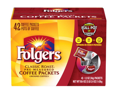 Folgers Classic Roast Ground Coffee Packets, 1.2 oz., 42 ct.