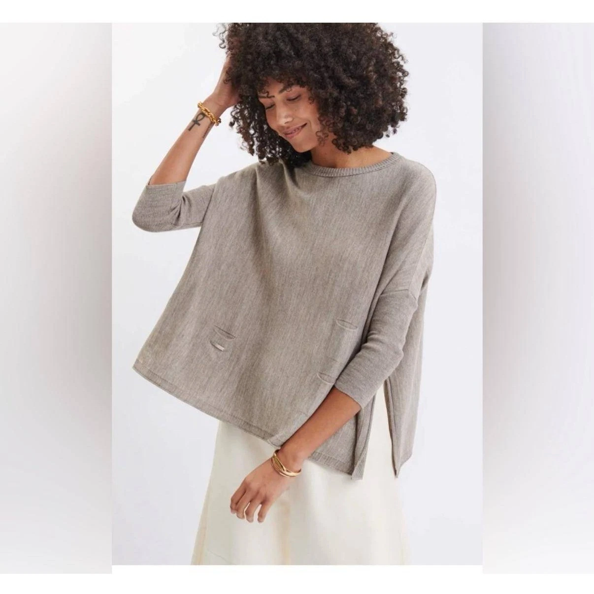 Mer Sea & Co Womens Oversized Poncho Sweater Gray One Size Crew Neck Pockets