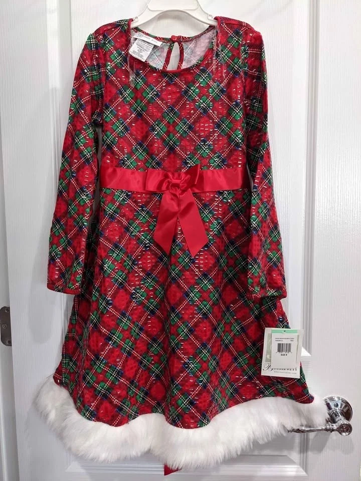 Bonnie Jean Girls Red Plaid Multi Christmas Santa Fur Special Occasion Dress - Image 2 of 4