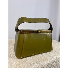 Vintage Olive Green Structured Handbag   Mid-Century Box Purse with Brass Frame