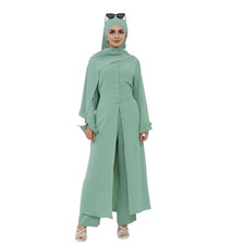 Muslim Women Abaya Dubai Turkey Kaftan 2Pcs Sets Long Top Wide Leg Pants Ramadan