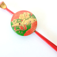 Japanese Vintage Kanzashi Stick & Comb ?Makie Wooden Red Gold Hair Accessary