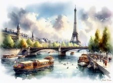 Paris France. Eiffel Tower. Painting Giclee Canvas 16"x20" with mat frame.