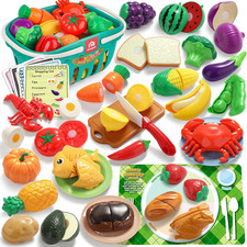 Pretend Play Food Kitchen Accessories for Kids, Fake Fruits Meats Vegetables Cut
