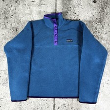 Vintage Patagonia Synchilla Fleece Jacket Kids 10-12 Blue Snap-T Pullover 90s