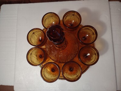 Tiara Indiana Glass Amber Gold Sandwich Tray Goblets Decanter 11
