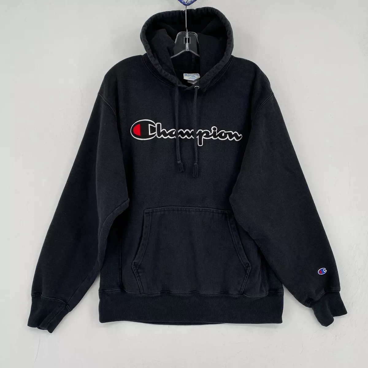 Champion Reverse Weave Hoodie Mens Large Black Sewn Logo Spellout vtg 90s  Y2K