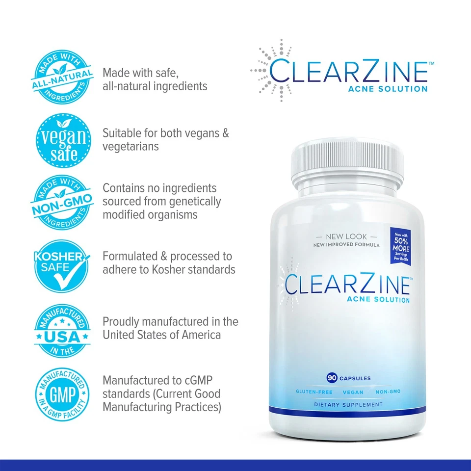 ClearZine: suplemento mais poderoso para acne e pele clara para adolescentes e adultos, 90 ct. - Imagem 2 de 4