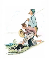 Norman Rockwell Print: "Grandpa & Me - Springtime"  Boy Dog fishing 8"x10"