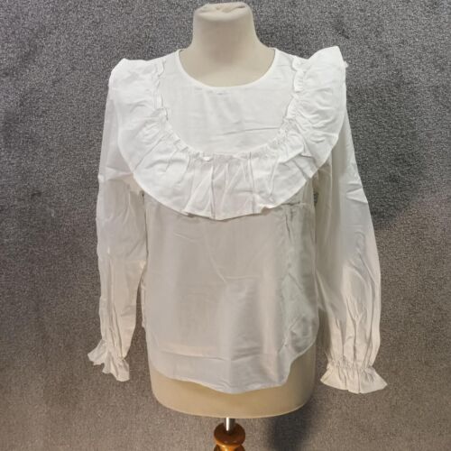 H&M IVORY COTTON VICTORIAN TOP FRILL GATHER LONG SLEEVE BLOUSE UK S - Picture 1 of 6