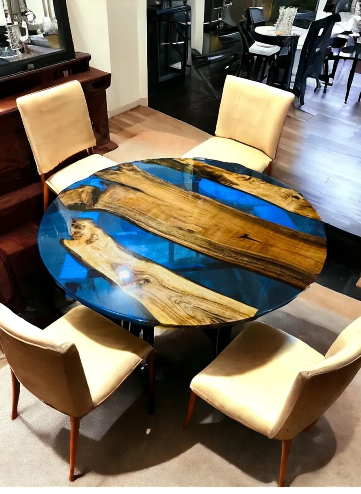 42-Inch Blue Epoxy Resin Live Edge Coffee Table with Acacia Wood Handcrafted Home Decor