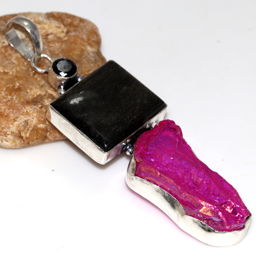 Pink Titanium Aura Quartz Silver Obsidian Long Pendant Size 3.2