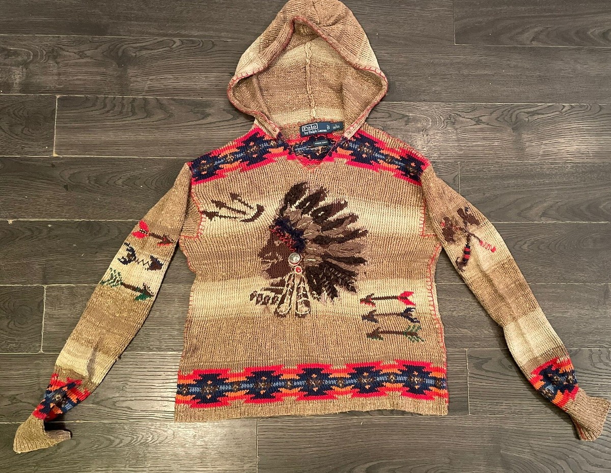 Ralph Lauren native hand knit hoodie Indian head sweater sz Ralph Lauren native hand knit hoodie Indian head sweater sz