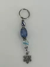 Blue Snowflake Winter Acrylic Beaded Keychain Key Ring Silver Tone Fob