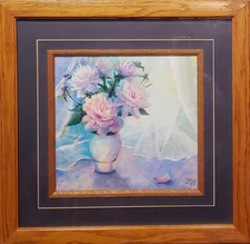 Peony. Original framed Acrylic paints on paper 27x30 cm painting from artist