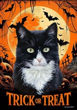 Tuxedo Black/White Cat Trick or Treat Halloween Flag