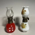 Vintage Miniature Milk Glass And Floral, Dice Red Oil Lamp Made In Hong Kong