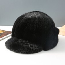 Mens Winter Real Mink Fur Middle aged Peaked Cap Hat Warm Earflaps Baseball Size
