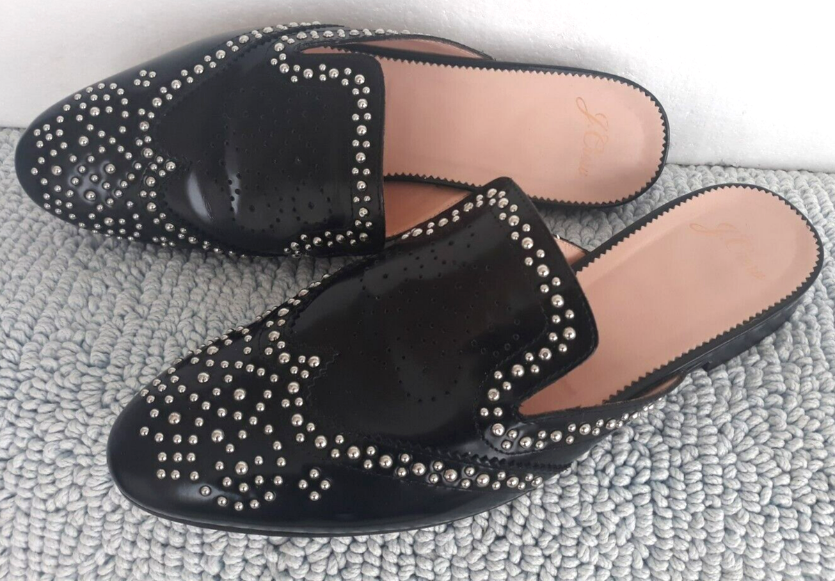 J Crew Wo's Pointed Toe Mules Black Leather Studded Slides Shoes