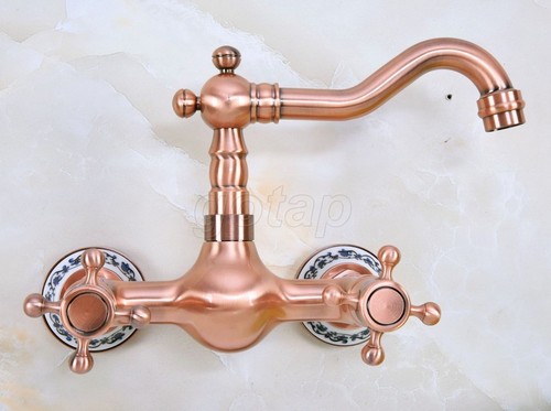 Antik rot Kupfer Wandhalterung Doppelgriff Badezimmer Wasserhahn Gefäß Spüle Mixer Wasserhahn - Bild 7 von 7