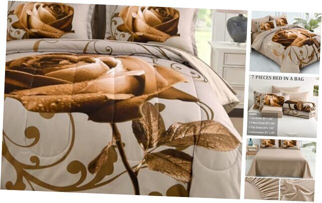 Comforter Set Reversible Rose 7 Pieces Bed in a Bag, Lightweight Queen Brown-image