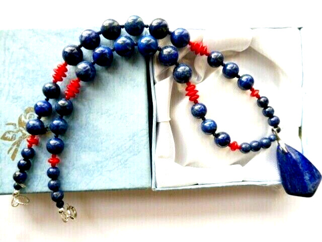 Collier en Lapis Lazuli bleu, Corail véritable 45cm et fermoir Argent massif 925