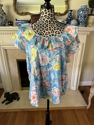 Loft Top Women's Garden Ruffle Shell Blue Yellow Pink Floral Lined Cottage L G8