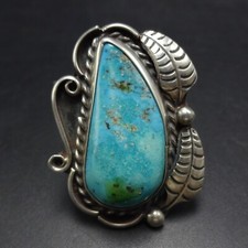 EXQUISITE Old TURQUOISE Sterling Silver RING sz 9.75 VINTAGE PAWN Applied Leaves