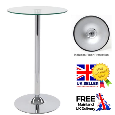 1m High Round Clear Glass Table / Kitchen Dining Bar Drinks Chrome Podium Stand