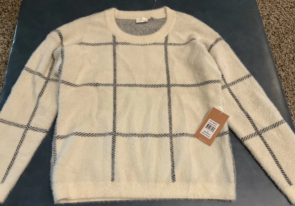 CYRUS 女式 M 象牙色和黑色格子套衫长袖毛衣 99 美元全新带标签 — 第 2/4 张图片
