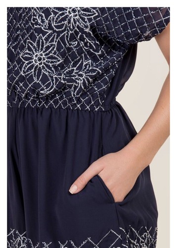 Francesca’s Sz S Ashtyn Embellished Flowers Blue Lined Romper - Picture 5 of 5
